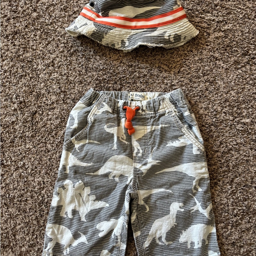 Mini Boden Gray and Orange Dinosaur Hat with matching shorts